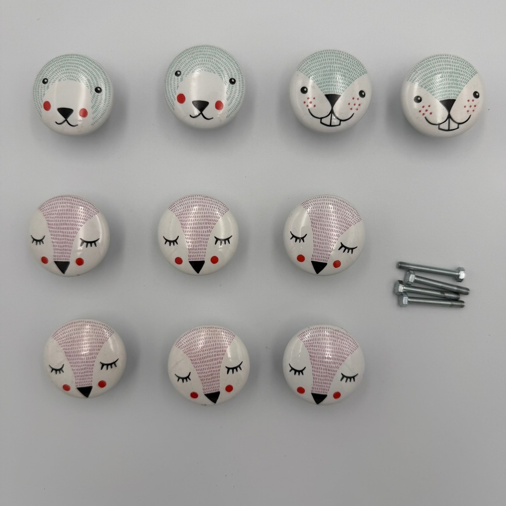 Whimsical Ceramic Animal Face Drawer Knobs Set of 10| Fox, Bear, Beaver| Nursery